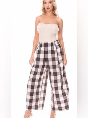A330. Wide Leg Barrel Plaid Lounge Pants - Brown & Cream